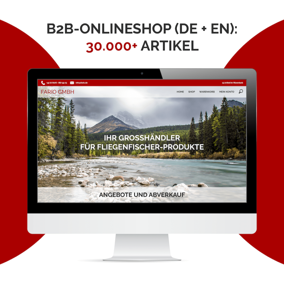 Modernes, responsives Webdesign (B2B-Onlineshop) für die Fario GmbH, Großhändler für Fliegenfischer-Produkte – UI/UX Umsetzung von geschmacksRaum® WERBEAGENTUR