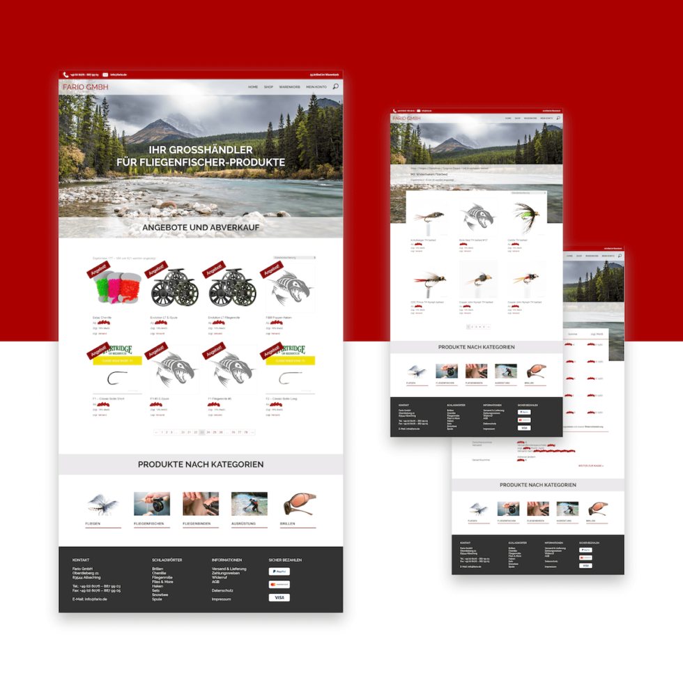 Modernes, responsives Webdesign (B2B-Onlineshop) für die Fario GmbH, Großhändler für Fliegenfischer-Produkte – UI/UX Umsetzung von geschmacksRaum® WERBEAGENTUR