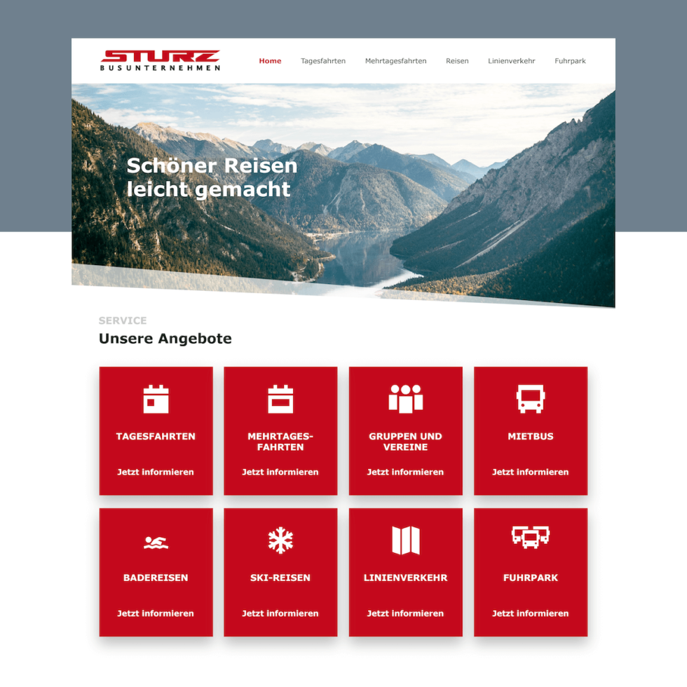 Modernes, responsives Webdesign für STURZ Reisen (Busunternehmen), Sankt Wolfgang – UI/UX Umsetzung von geschmacksRaum® WERBEAGENTUR