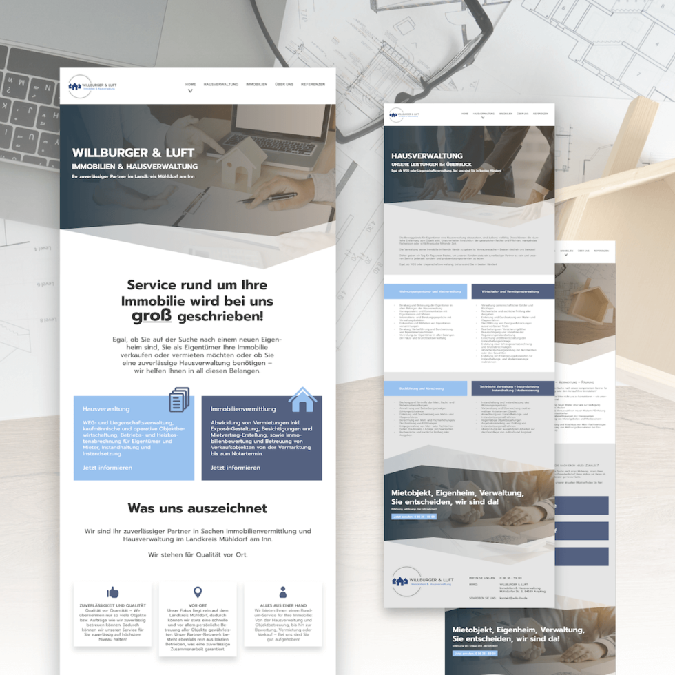 Modernes, responsives Webdesign für WILLBURGER & LUFT - Immobilien & Hausverwaltung, Ampfing – UI/UX Umsetzung von geschmacksRaum® WERBEAGENTUR