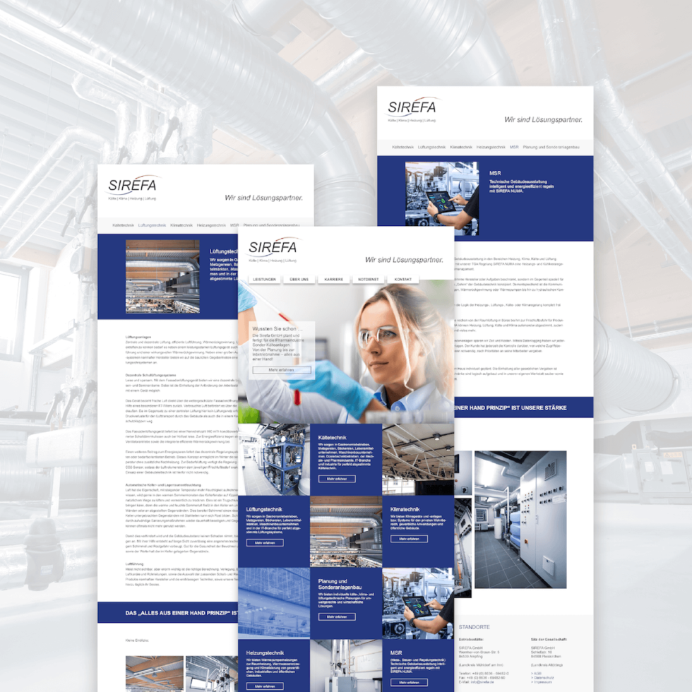 Modernes, responsives Webdesign für SIREFA, Ampfing – UI/UX Umsetzung von geschmacksRaum® WERBEAGENTUR