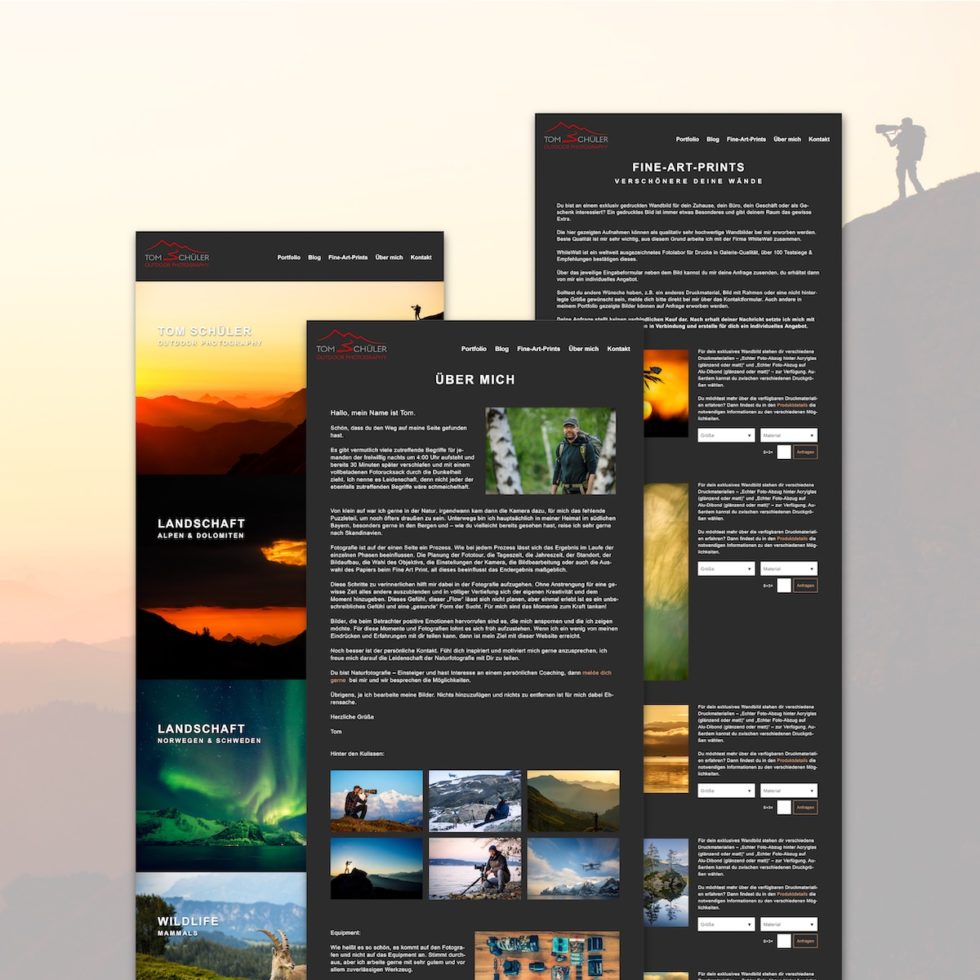 Modernes, responsives Webdesign für Tom Schüler, Outdoor Photography – UI/UX Umsetzung von geschmacksRaum® WERBEAGENTUR