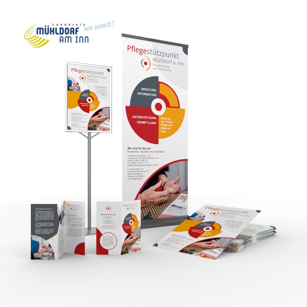 Ganzheitliches Werbemittel-Set für den Pflegestützpunkt Mühldorf a. Inn, ein Projekt des Landkreises Mühldorf a. Inn: Konsistentes Design für Rollups, Plakate und Flyer – geschmacksRaum® WERBEAGENTUR