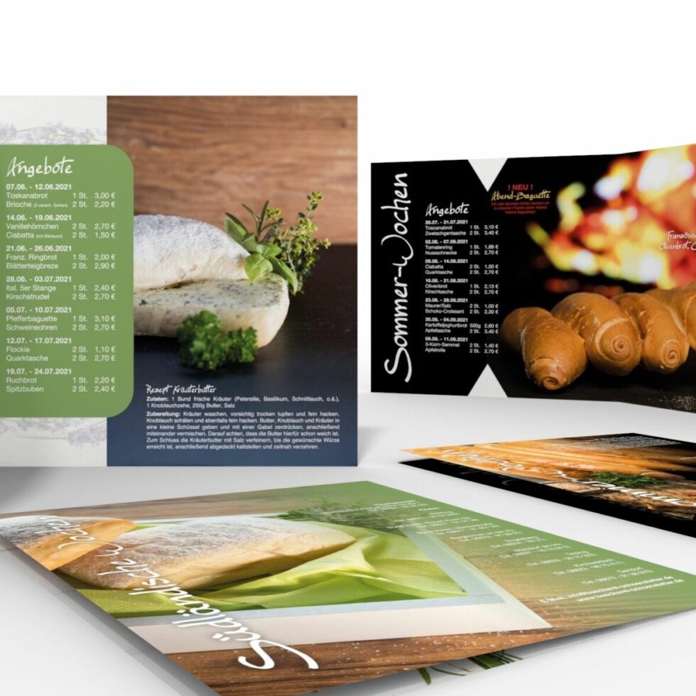 Stimmungsvoll inszeniertes Faltblatt-Design für die Bäckerei & Konditorei Schönstetter und Weltmeisterin Angelika Huber, Unterneukirchen – Konzeption und Layout-Erstellung durch geschmacksRaum® WERBEAGENTUR