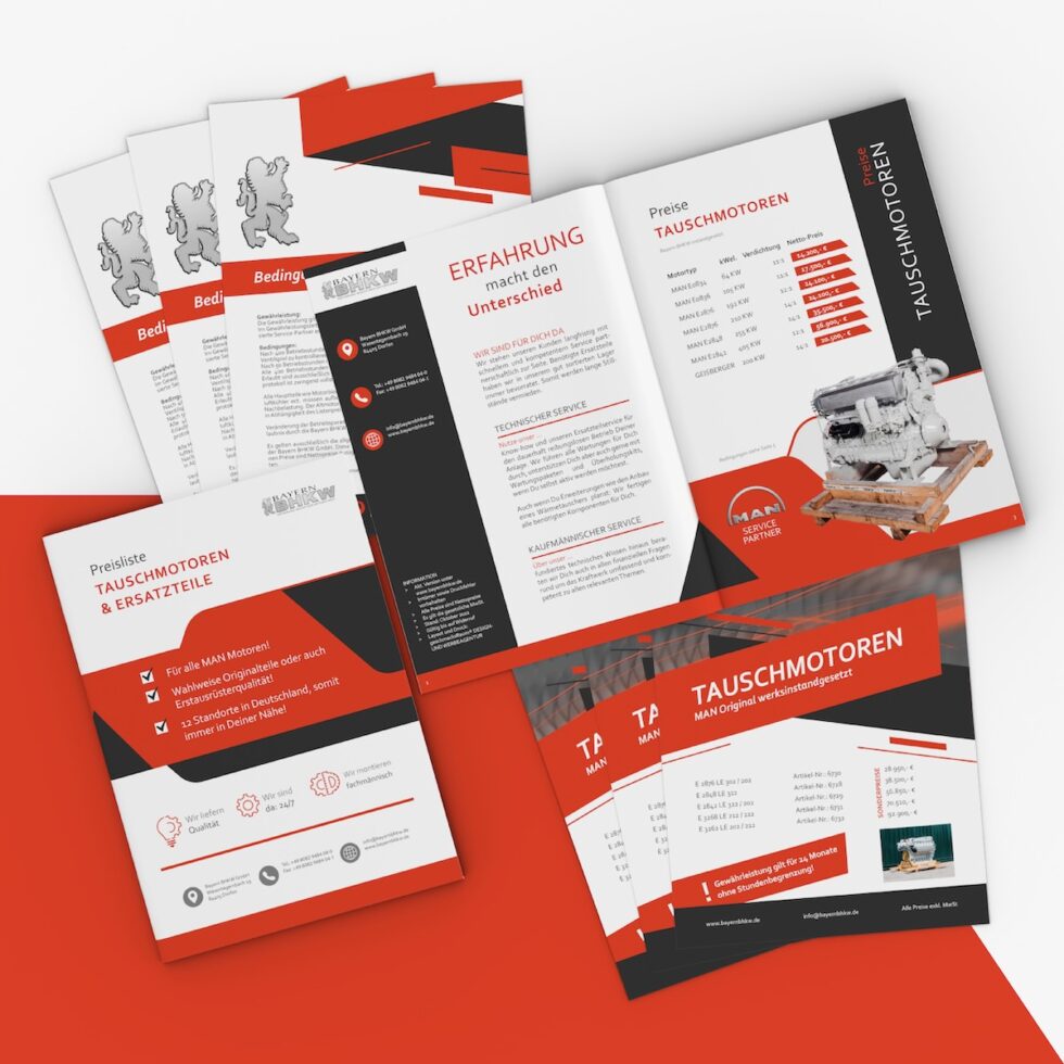 Nahaufnahme einer aufgeschlagenen Imagebroschüre für die BAYERN BHKW GmbH, Blockheizkraftwerke, Wasentegernbach – Editorial Design und Layout von geschmacksRaum® WERBEAGENTUR