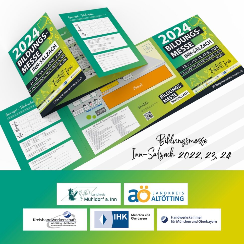 Nahaufnahme eines aufgeschlagenen Flyers für die Bildungsmesse Inn-Salzach der Landkreise Mühldorf a. Inn und Altötting – Editorial Design und Layout von geschmacksRaum® WERBEAGENTUR