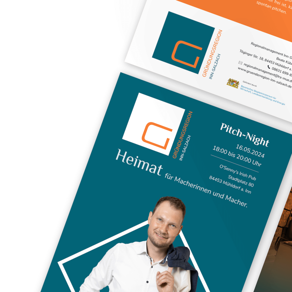 Nahaufnahme eines Flyers für die Gründungsregion Inn-Salzach, ein Projekt der Landkreise Mühldorf a. Inn und Altötting – Editorial Design und Layout von geschmacksRaum® WERBEAGENTUR