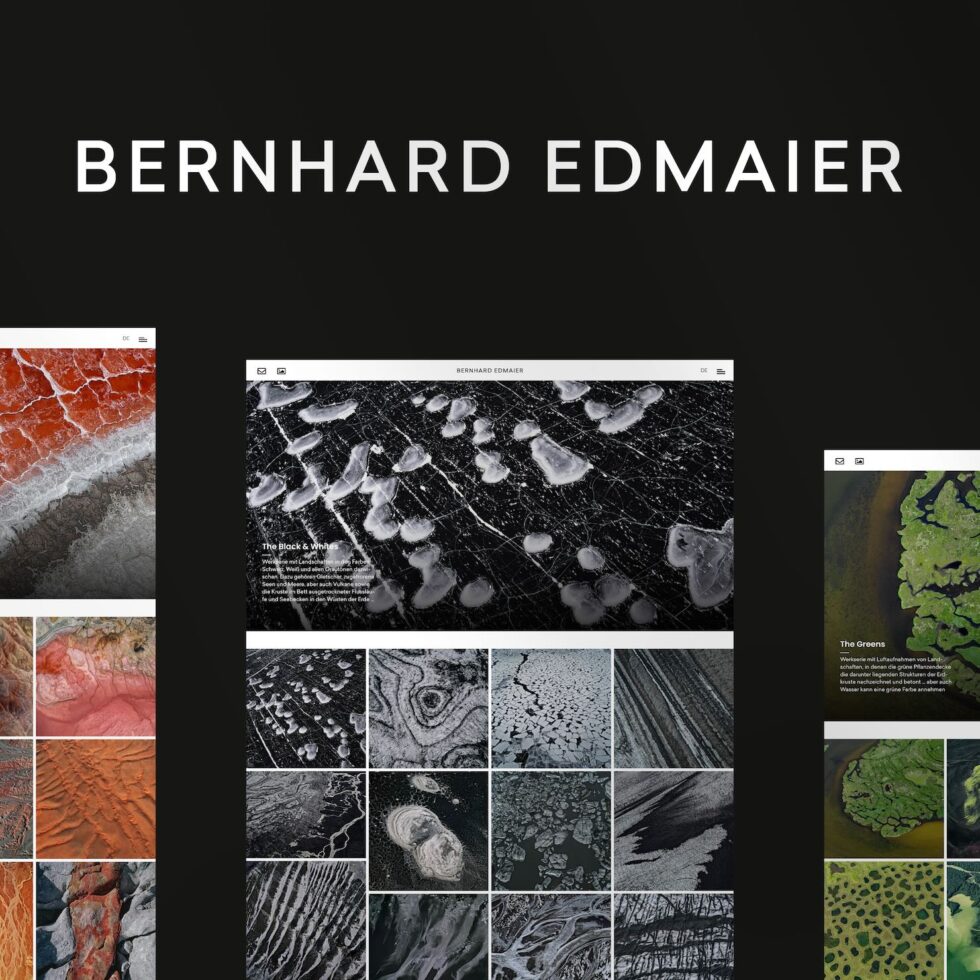 Minimalistisches Webdesign für den international renommierten Luftbildfotografen Bernhard Edmaier – zweisprachige Umsetzung (DE/EN) durch geschmacksRaum® WERBEAGENTUR
