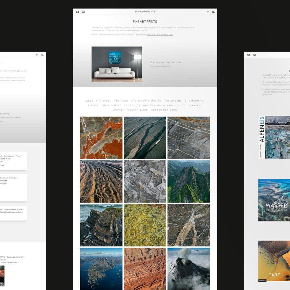 Reduziertes User Interface Design (UI) mit Fokus auf Bildwirkung und intuitive Navigation – Case Study Bernhard Edmaier – geschmacksRaum® WERBEAGENTUR