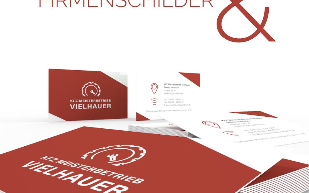 Logo, Firmenschild, Fahrzeugbeschriftung und Visitenkarten für Tassilo Vielhauers KFZ-Meisterbetrieb